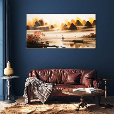 Glas foto Een vredig landschap met bergen en water