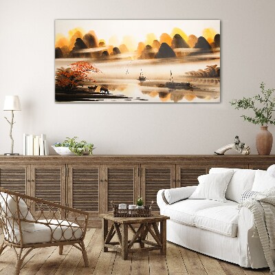 Glas foto Een vredig landschap met bergen en water