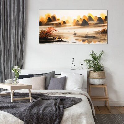 Glas foto Een vredig landschap met bergen en water