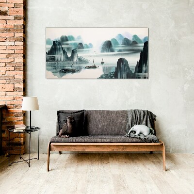 Schilderij op glas Een kalm meer in een berglandschap