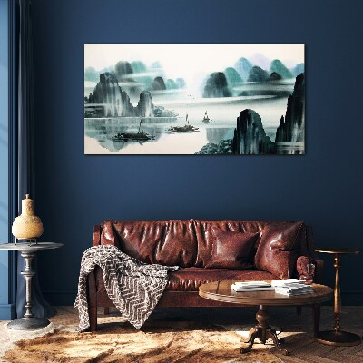 Schilderij op glas Een kalm meer in een berglandschap