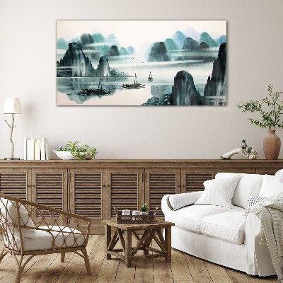 Schilderij op glas Een kalm meer in een berglandschap