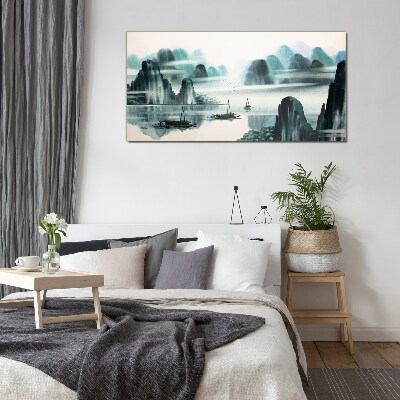 Schilderij op glas Een kalm meer in een berglandschap