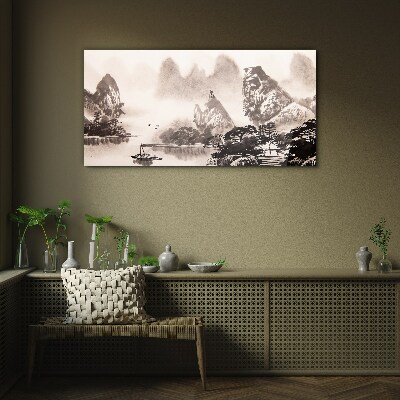 Foto op glas Een vredig berglandschap in monochroom