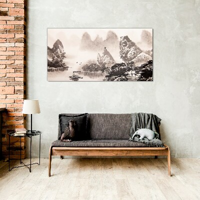 Foto op glas Een vredig berglandschap in monochroom