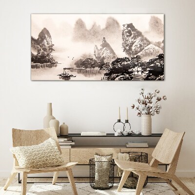 Foto op glas Een vredig berglandschap in monochroom