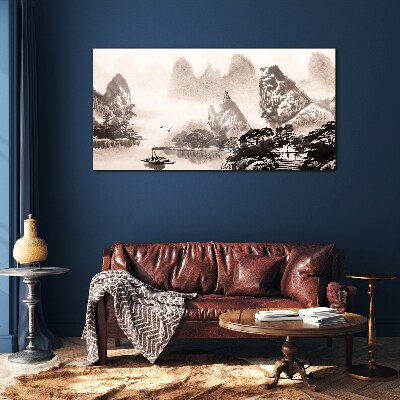 Foto op glas Een vredig berglandschap in monochroom