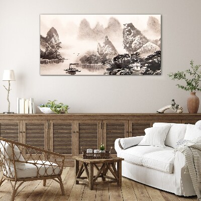 Foto op glas Een vredig berglandschap in monochroom