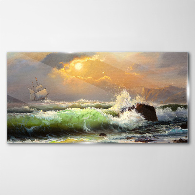 Schilderij op glas Stormachtige zee met een zeilschip