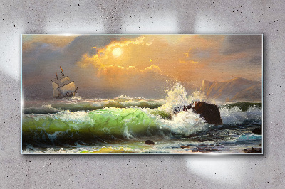 Schilderij op glas Stormachtige zee met een zeilschip