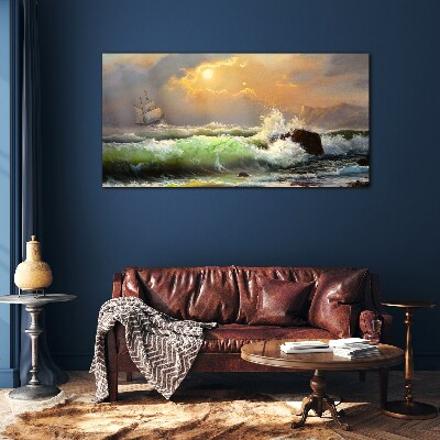 Schilderij op glas Stormachtige zee met een zeilschip