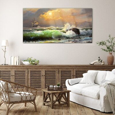 Schilderij op glas Stormachtige zee met een zeilschip