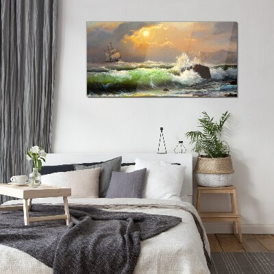 Schilderij op glas Stormachtige zee met een zeilschip