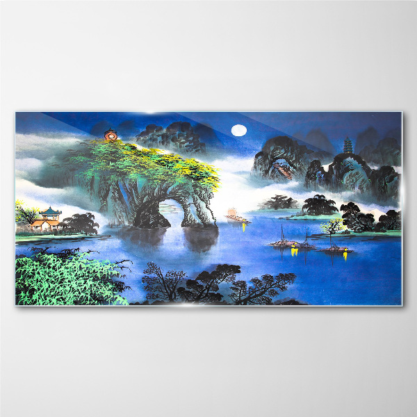 Glas foto Een vredig nachtlandschap met bergen