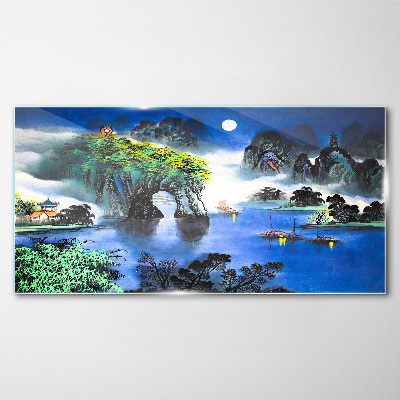 Glas foto Een vredig nachtlandschap met bergen