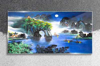 Glas foto Een vredig nachtlandschap met bergen