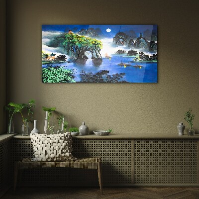 Glas foto Een vredig nachtlandschap met bergen