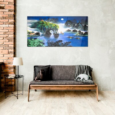 Glas foto Een vredig nachtlandschap met bergen