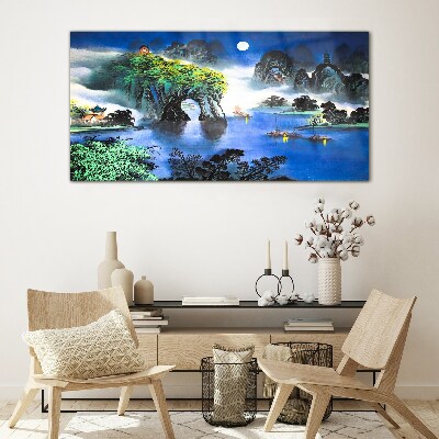 Glas foto Een vredig nachtlandschap met bergen