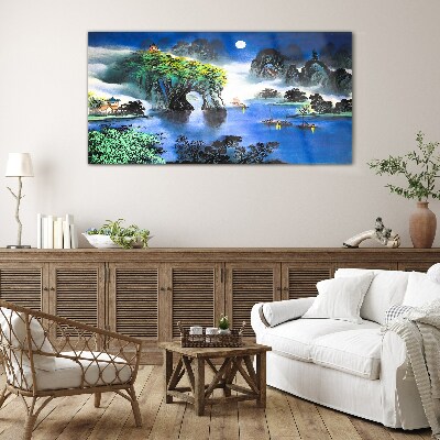 Glas foto Een vredig nachtlandschap met bergen