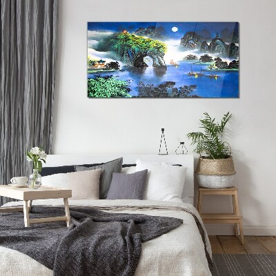 Glas foto Een vredig nachtlandschap met bergen