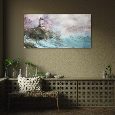 Schilderij op glas Een vuurtoren in een stormachtig landschap
