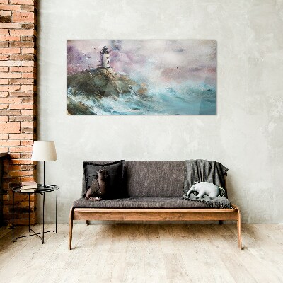 Schilderij op glas Een vuurtoren in een stormachtig landschap