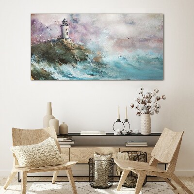 Schilderij op glas Een vuurtoren in een stormachtig landschap