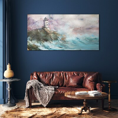 Schilderij op glas Een vuurtoren in een stormachtig landschap