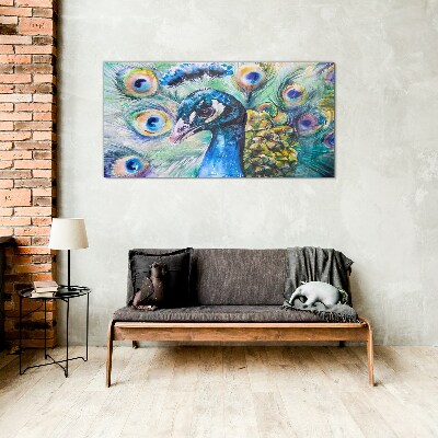 Schilderij op glas Een kleurrijke pauw tussen veren