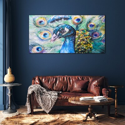 Schilderij op glas Een kleurrijke pauw tussen veren