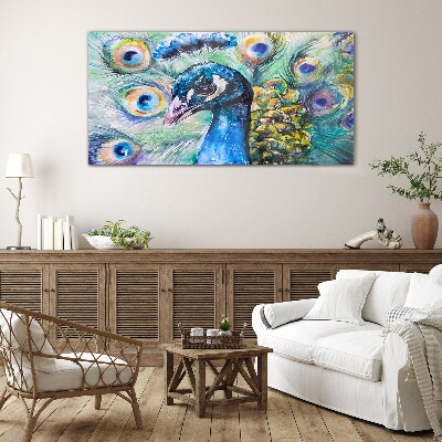 Schilderij op glas Een kleurrijke pauw tussen veren