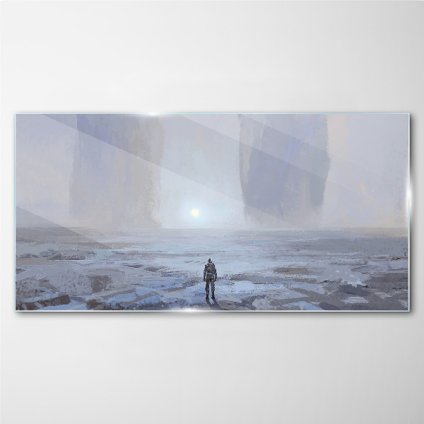 Foto op glas Een eenzame reis in een mistige ruimte