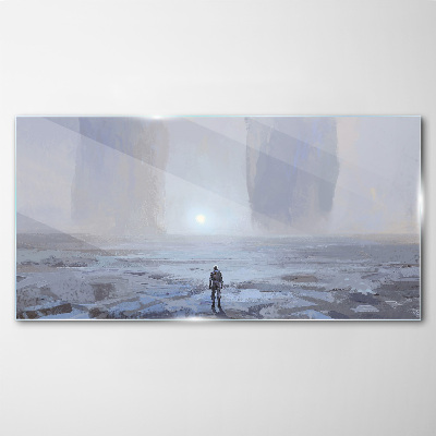 Foto op glas Een eenzame reis in een mistige ruimte