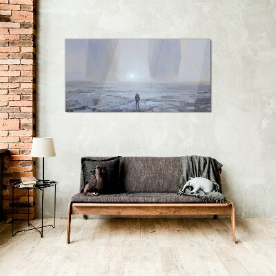 Foto op glas Een eenzame reis in een mistige ruimte