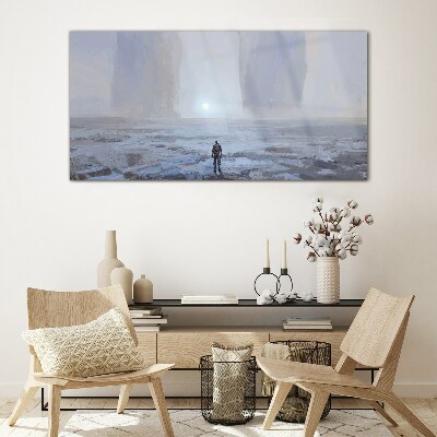 Foto op glas Een eenzame reis in een mistige ruimte