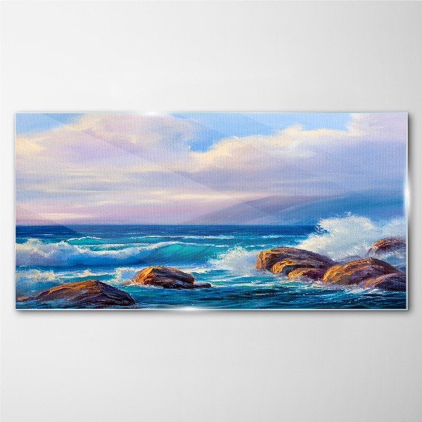 Schilderij op glas Golven aan de oevers van een rotsachtige kust