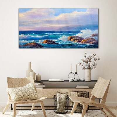 Schilderij op glas Golven aan de oevers van een rotsachtige kust