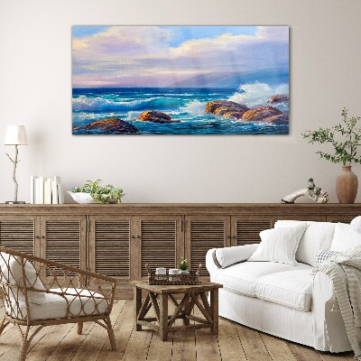 Schilderij op glas Golven aan de oevers van een rotsachtige kust