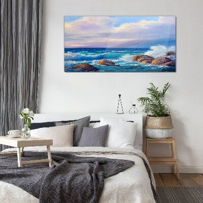 Schilderij op glas Golven aan de oevers van een rotsachtige kust