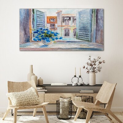 Glas foto Bloemen bij het open raam