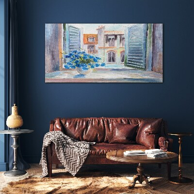 Glas foto Bloemen bij het open raam