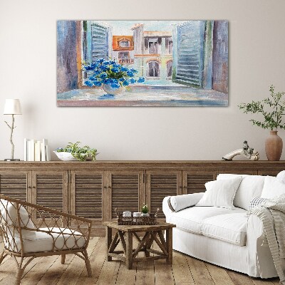 Glas foto Bloemen bij het open raam