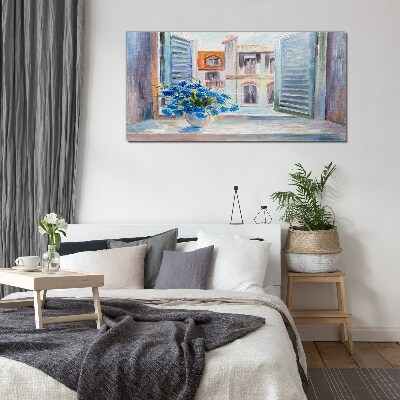 Glas foto Bloemen bij het open raam