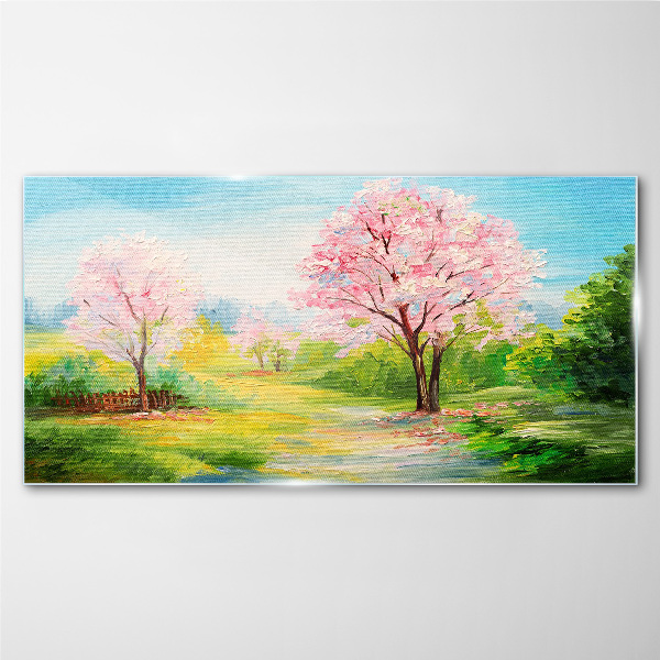 Schilderij op glas Lentebomen in roze bloesem