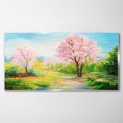 Schilderij op glas Lentebomen in roze bloesem