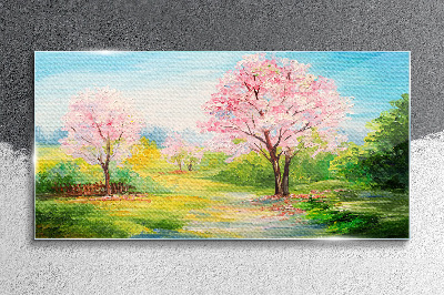 Schilderij op glas Lentebomen in roze bloesem