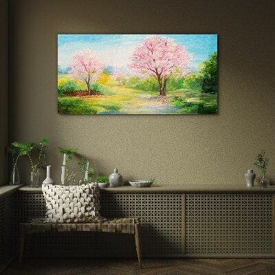 Schilderij op glas Lentebomen in roze bloesem