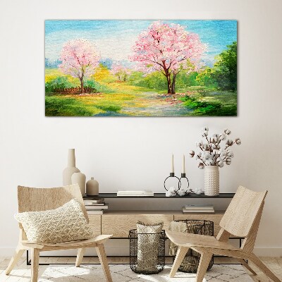 Schilderij op glas Lentebomen in roze bloesem
