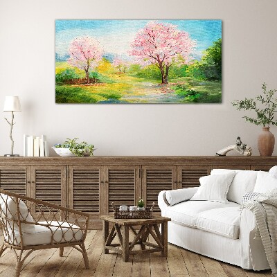 Schilderij op glas Lentebomen in roze bloesem